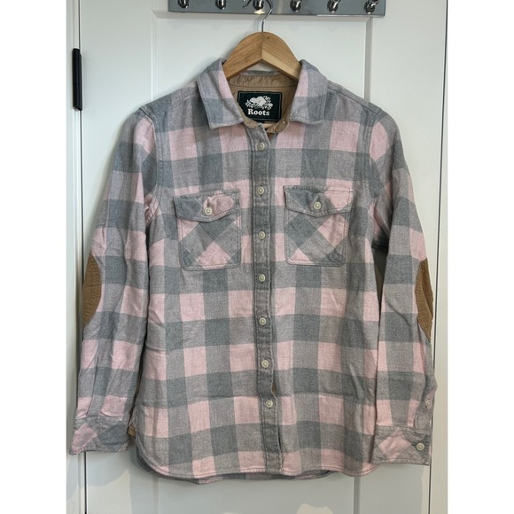 Roots Canada Tops - Roots Canada Pink Grey Buffalo Plaid Flannel Shirt Corduroy Elbow Patches Small